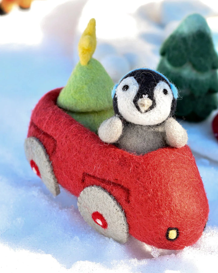 Felt Penguin in Car and Christmas Tree