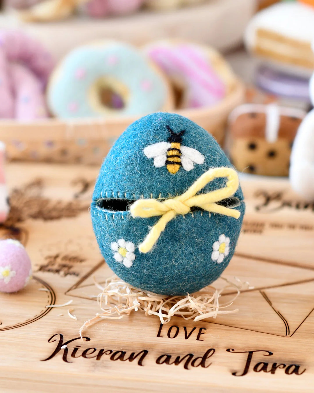 Felt Egg Cover - Blue with Bee Motif