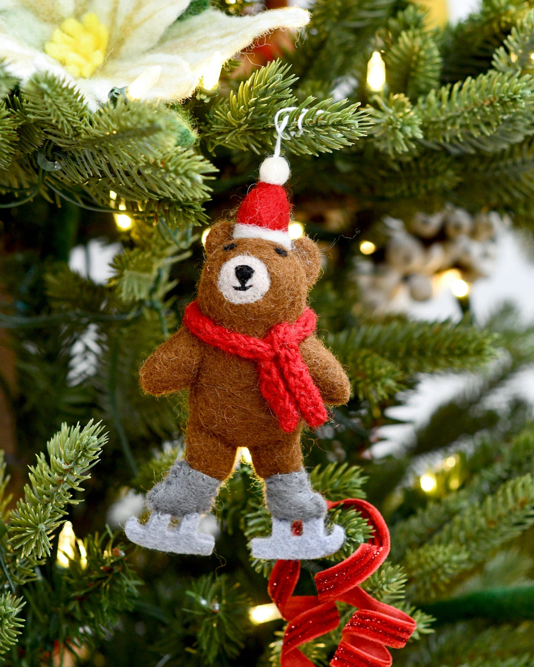 Felt Brown Bear with Ice Skates Ornament