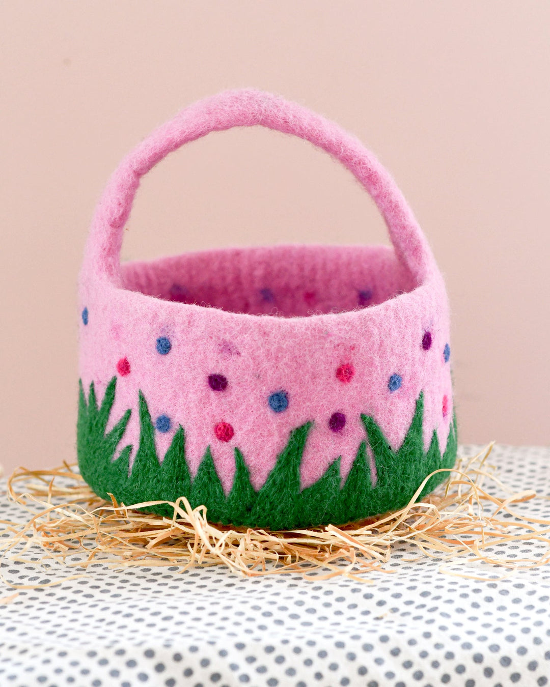 Felt Pink Basket with Colourful Dots