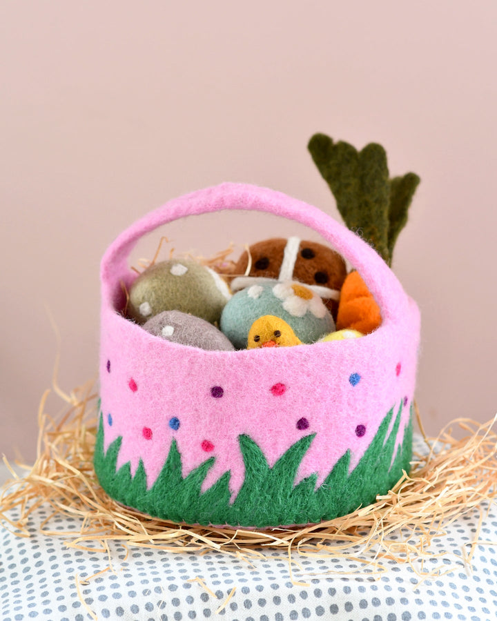 Felt Pink Basket with Colourful Dots